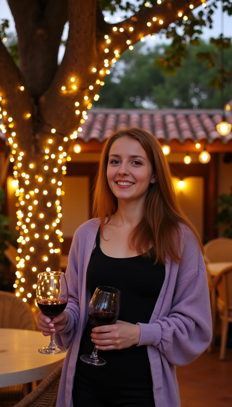 A full body shot photo of a woman standing outdoors at a cozy, warmly lit patio in the evening, with soft, glowing lights wrapped around a tree behind them creating a charming atmosphere. The image is rich in detail, with warm tones and clear textures throughout. The woman has fair skin, a slim build, and long reddish-blonde hair, also worn loose. She is smiling warmly at the camera, holding a glass of red wine in her right hand, and wears a soft-textured lavender cardigan over a black top. The background features a large tree with sparkling string lights wrapped around its trunk and branches, adding a magical touch to the scene. The setting suggests a private outdoor seating area, with elements like terracotta-tiled roofing, greenery, and rattan chairs contributing to a serene, inviting vibe. The overall composition is balanced, with the woman framed against the softly glowing tree, and the lighting enhances the warm, intimate feel of a quiet evening shared among friends. The details are vivid, with textures of clothing, skin, and background elements clearly visible, while the warm lighting creates a relaxed and joyful mood