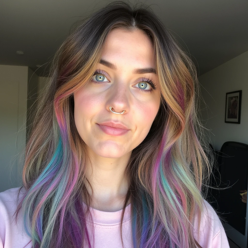White woman late 20s big blue eyes long eyelashes plump lips ONE nose ring brown hair with galaxy balayage hair (turquoise purple and pink) 