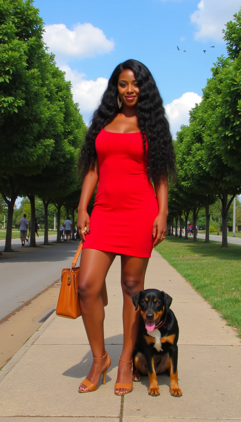High quality shot of African American female with long hair standing outside at the park with her dog trees lined the street blue skies sun is shining clouds in the shoe birds flying she has big butt nice size breast brown caramel complexion skin tone with light brown eyes wearing a tight sun dress that is red with thin straps and she has on tan colored Hermes branded sandals and bag long black coffin shaped nails wit gold earrings and gold rings on her fingers 