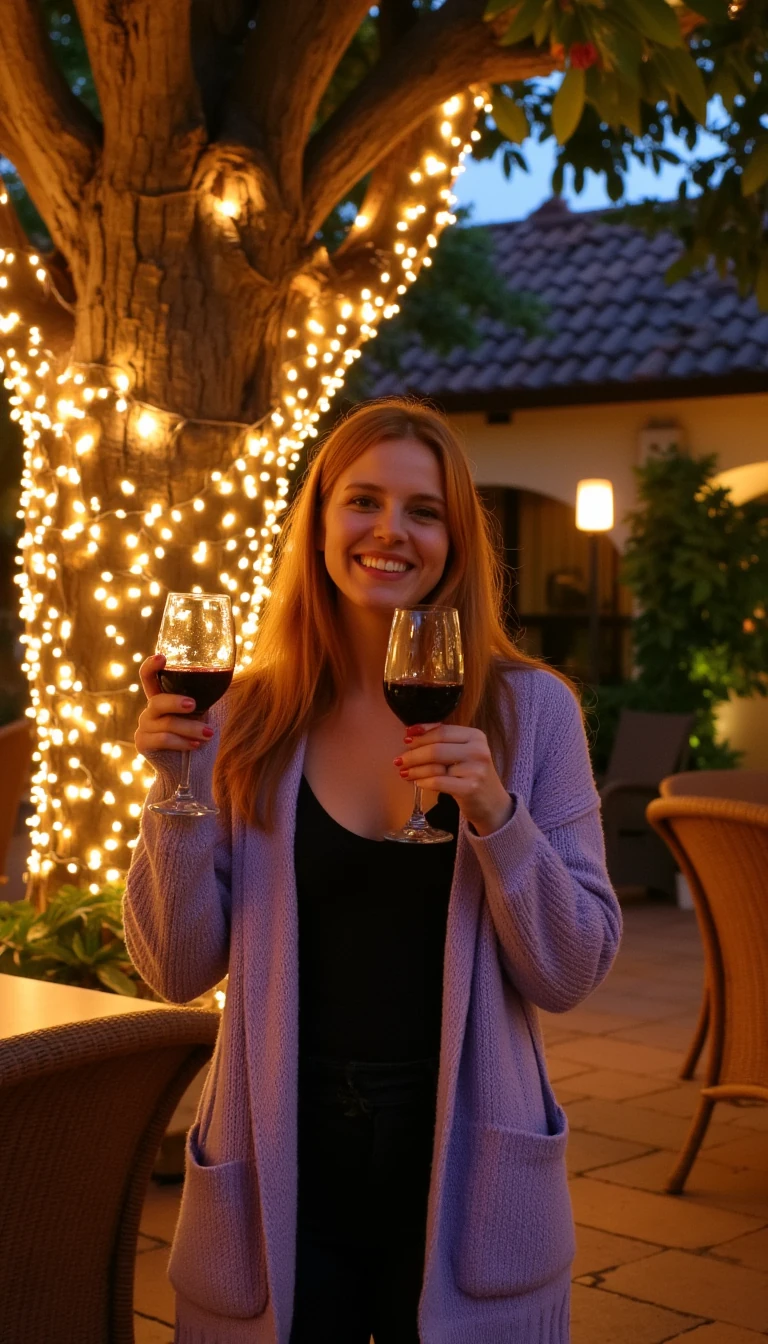A full body shot photo of a woman standing outdoors at a cozy, warmly lit patio in the evening, with soft, glowing lights wrapped around a tree behind them creating a charming atmosphere. The image is rich in detail, with warm tones and clear textures throughout. The woman has fair skin, a slim build, and long reddish-blonde hair, also worn loose. She is smiling warmly at the camera, holding a glass of red wine in her right hand, and wears a soft-textured lavender cardigan over a black top. The background features a large tree with sparkling string lights wrapped around its trunk and branches, adding a magical touch to the scene. The setting suggests a private outdoor seating area, with elements like terracotta-tiled roofing, greenery, and rattan chairs contributing to a serene, inviting vibe. The overall composition is balanced, with the woman framed against the softly glowing tree, and the lighting enhances the warm, intimate feel of a quiet evening shared among friends. The details are vivid, with textures of clothing, skin, and background elements clearly visible, while the warm lighting creates a relaxed and joyful mood
