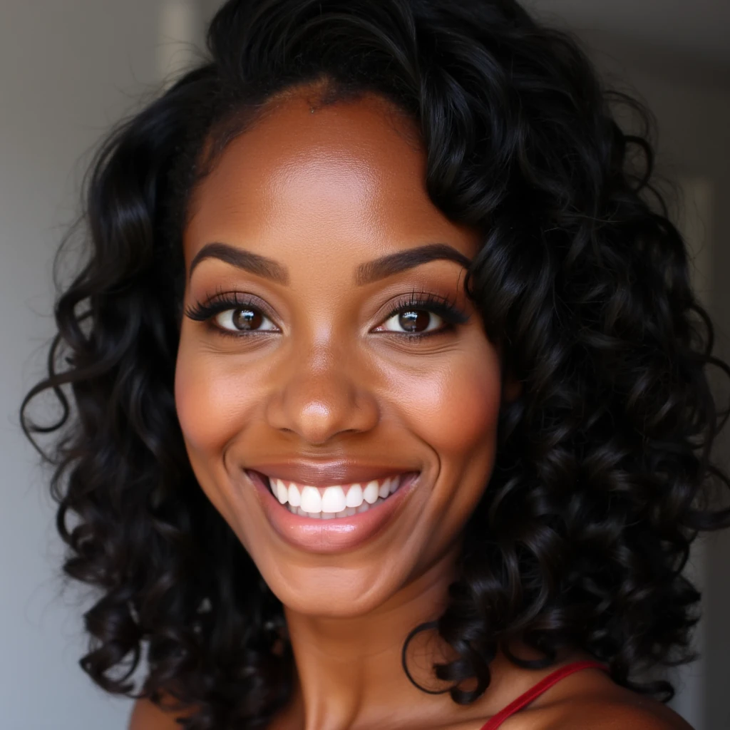 boring low quality snapchat photo circa 2015, Portrait of a stunning Black woman in her mid-20s with flawless, glowing ebony skin. Her large, soulful brown eyes, framed by long, curled lashes, sparkle with warmth. High cheekbones and a radiant, wide smile with perfect white teeth light up her face. Full, glossy lips and bold, arched brows enhance her elegance. Her tight, glossy curls frame a sculpted jawline, exuding vibrant, breathtaking beauty.