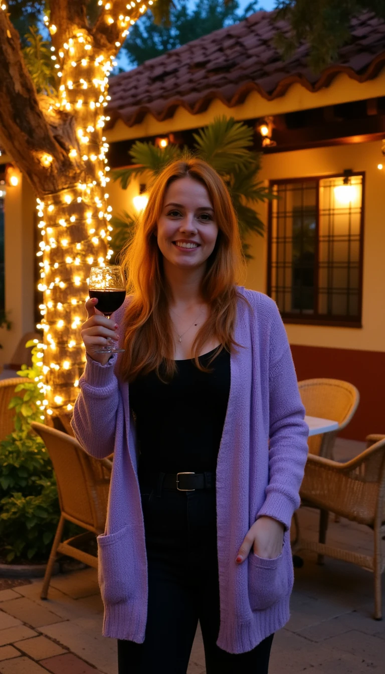 A full body shot photo of a woman standing outdoors at a cozy, warmly lit patio in the evening, with soft, glowing lights wrapped around a tree behind them creating a charming atmosphere. The image is rich in detail, with warm tones and clear textures throughout. The woman has fair skin, a slim build, and long reddish-blonde hair, also worn loose. She is smiling warmly at the camera, holding a glass of red wine in her right hand, and wears a soft-textured lavender cardigan over a black top. The background features a large tree with sparkling string lights wrapped around its trunk and branches, adding a magical touch to the scene. The setting suggests a private outdoor seating area, with elements like terracotta-tiled roofing, greenery, and rattan chairs contributing to a serene, inviting vibe. The overall composition is balanced, with the woman framed against the softly glowing tree, and the lighting enhances the warm, intimate feel of a quiet evening shared among friends. The details are vivid, with textures of clothing, skin, and background elements clearly visible, while the warm lighting creates a relaxed and joyful mood