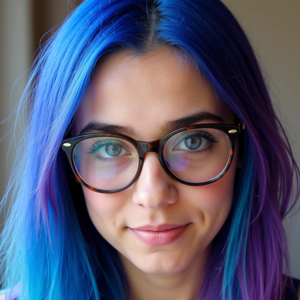 Portrait of young woman with glasses. Blue and purple hair. Vibrant blue eyes. 