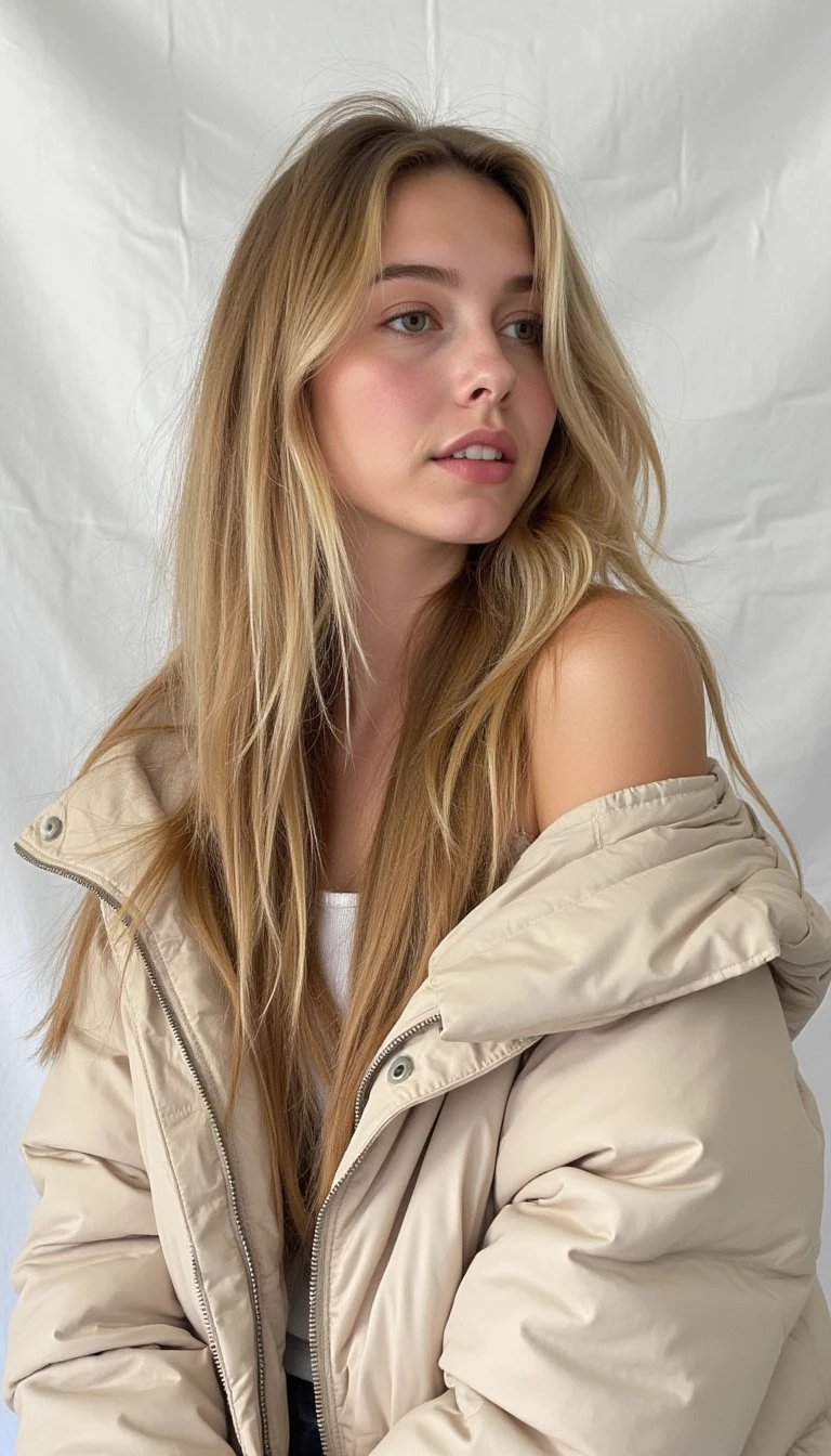 This is a photograph of a young woman with long, wavy blonde hair that cascades over her shoulders. She has fair skin and is wearing minimal makeup, emphasizing her natural beauty. Her eyes are slightly open and she has a neutral expression on her face, with slightly parted lips. She is dressed in a light beige, off-the-shoulder puffer jacket, which adds a cozy, casual vibe to the image. The background is plain and white, possibly a textured wall or fabric, which keeps the focus on the subject. The overall tone of the photograph is soft and natural, with gentle lighting that highlights her features and the texture of her hair. Looking to the left side