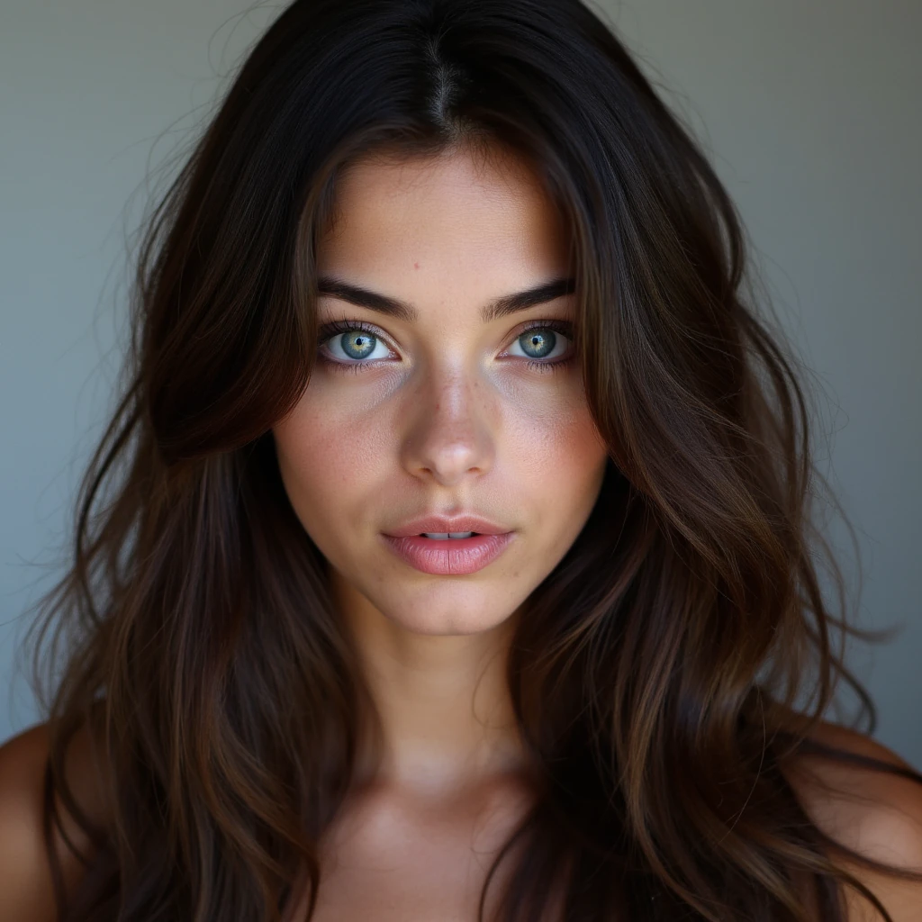 Young woman 20 years old with pale skin dark brown very long wavy hair and very light blue eyes and full lips and very beautiful face