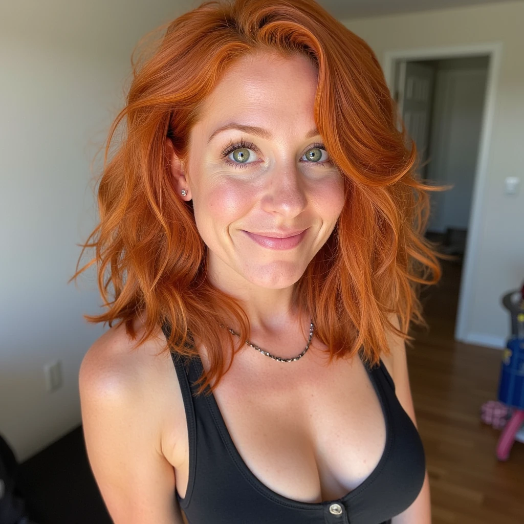 ginger haired flirty soccer mom late 20s, DD cup breasts, green eyes, 5'5