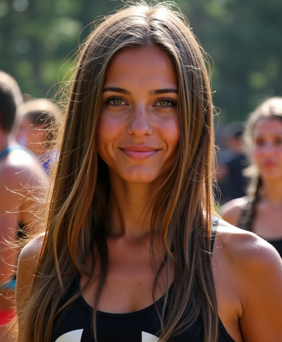 Hyper-realistic photograph of a stunning young woman with a soft, symmetrical oval face running spartan race. She has long, straight chestnut brown hair with subtle golden highlights, and a glowing, warm tan skin tone. Her eyes are large, brown, and almond-shaped with long natural lashes and softly arched eyebrows. Hair cascading smoothly over her shoulders down to her waist, voluminous and silky with perfect highlights and lowlights, piercing hazel eyes locked directly at the camera with a sultry, confident gaze, soft seductive smile playing on full plump lips with a hint of glossy sheen, exuding an alluring and empowered demeanor. She has an hourglass figure with ample curves, prominent large natural breasts (around 95–100 cm, approx. F-cup), a narrow waist (~58 cm). She is wearing athletics sports clothes under armour. Photo includes also background with people.