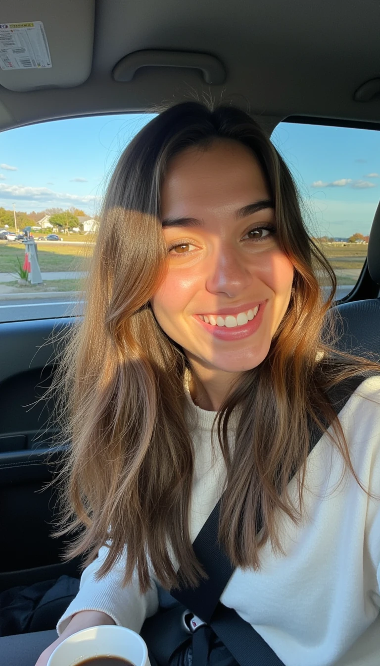 boring low quality snapchat photo circa 2015, A young woman with a warm smile, sitting in the driver's seat of a cozy car. She has soft, wavy brown hair cascading past her shoulders. The sunlight streams through the window, casting a gentle glow on her face. The interior of the car is neat and comfortable, with a coffee cup in the cup holder and a small plant on the dashboard. The background outside the window shows a scenic road lined with trees and blue skies