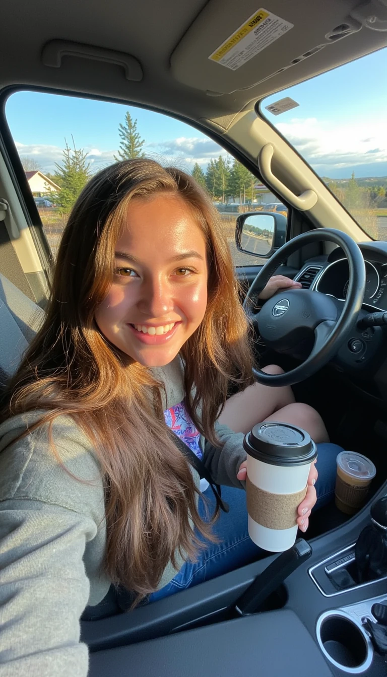 boring low quality snapchat photo circa 2015, A young woman with a warm smile, sitting in the driver's seat of a cozy car. She has soft, wavy brown hair cascading past her shoulders. The sunlight streams through the window, casting a gentle glow on her face. The interior of the car is neat and comfortable, with a coffee cup in the cup holder and a small plant on the dashboard. The background outside the window shows a scenic road lined with trees and blue skies
