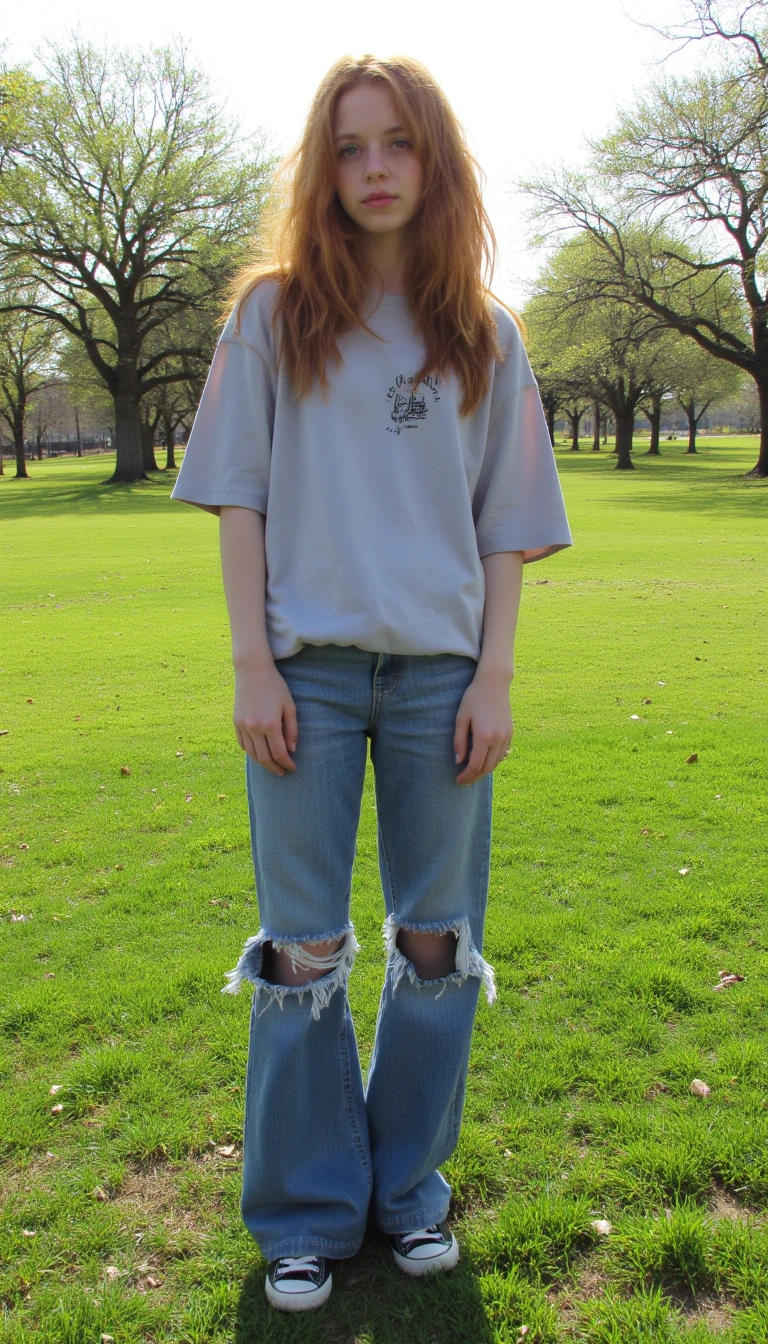 A full body shot photo of Melodie, 18yo female, 5'5", 128lbs, long shaggy reddish-blonde hair, amber eyes, naïve, sweet and innocent looking. She is wearing an oversized t-shirt, torn jeans, and worn canvas tennis shoes. She is in an urban park with rays of late afternoon sun shining on her. Behind her is an open field of well mowed grass and scattered oak trees full of early Spring leaves.