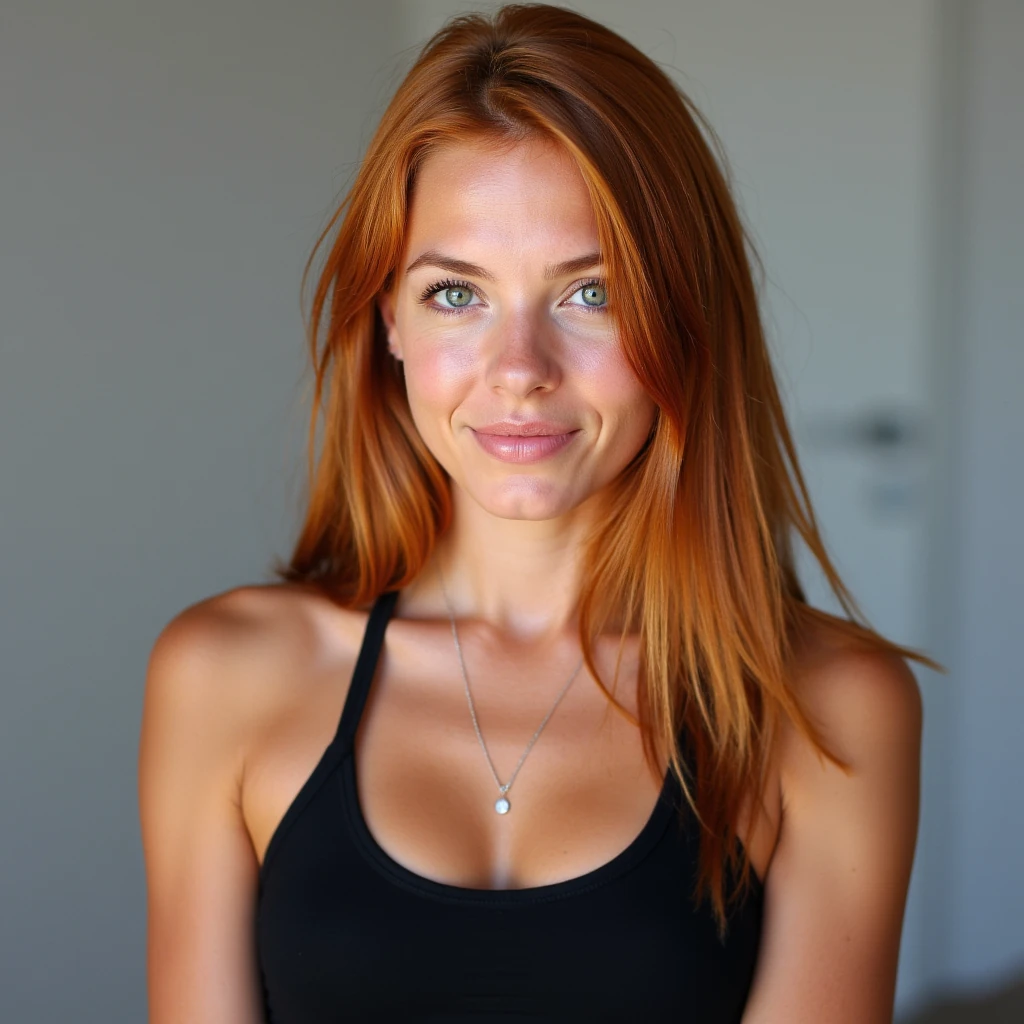 Portrait of a young woman, age 25, Norwegian, has green eyes, strong features, long, straight, red hair
Her skin is smooth, with a healthy glow and her makeup is subtle, which emphasizes her natural beauty. Full figure, athletic, but at the same time feminine silhouette. She has a slim waist, long legs, large breasts, firm and well-shaped thighs, hips and buttocks. With a developed and slightly muscular figure. Her shoulders are straight, her arms are slim, but softly defined, which indicates regular training.