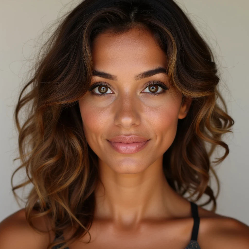 Create an image of a beautiful woman with tan skin, beautiful deep light brown eyes, high cheekbones, and full lips. Her hair is light brown, shoulder-length, and curly. 