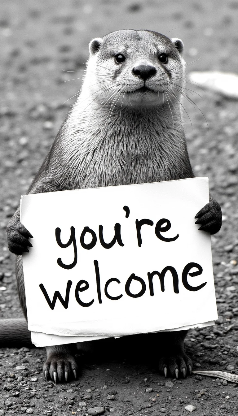 Black and white picture of otter holding a sign that says “you’re welcome”
