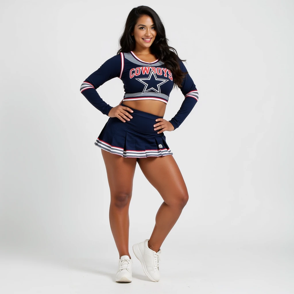 A stylish 25-year-old woman with a confident and athletic look, wide hips and a strong figure. She is wearing a Dallas Cowboys-inspired cheerleading uniform.
Capture a vibrant, high-energy pose as if performing at a big sports event. Balanced beauty, not overly perfect — natural charm and approachability. Photographed in a clean studio setting, high quality, fashion magazine style, aspect ratio 

