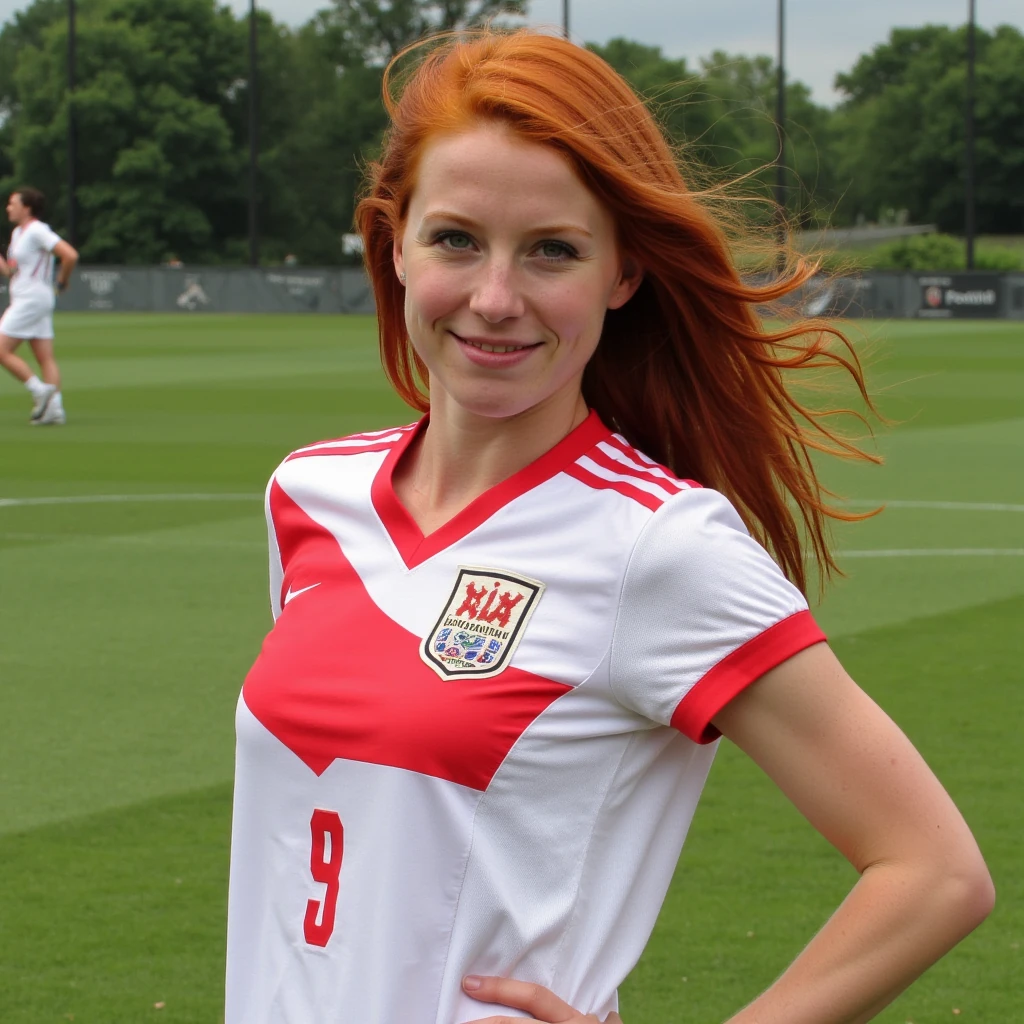 ginger haired flirty soccer mom late 20s, DD cup breasts, green eyes, 5'5