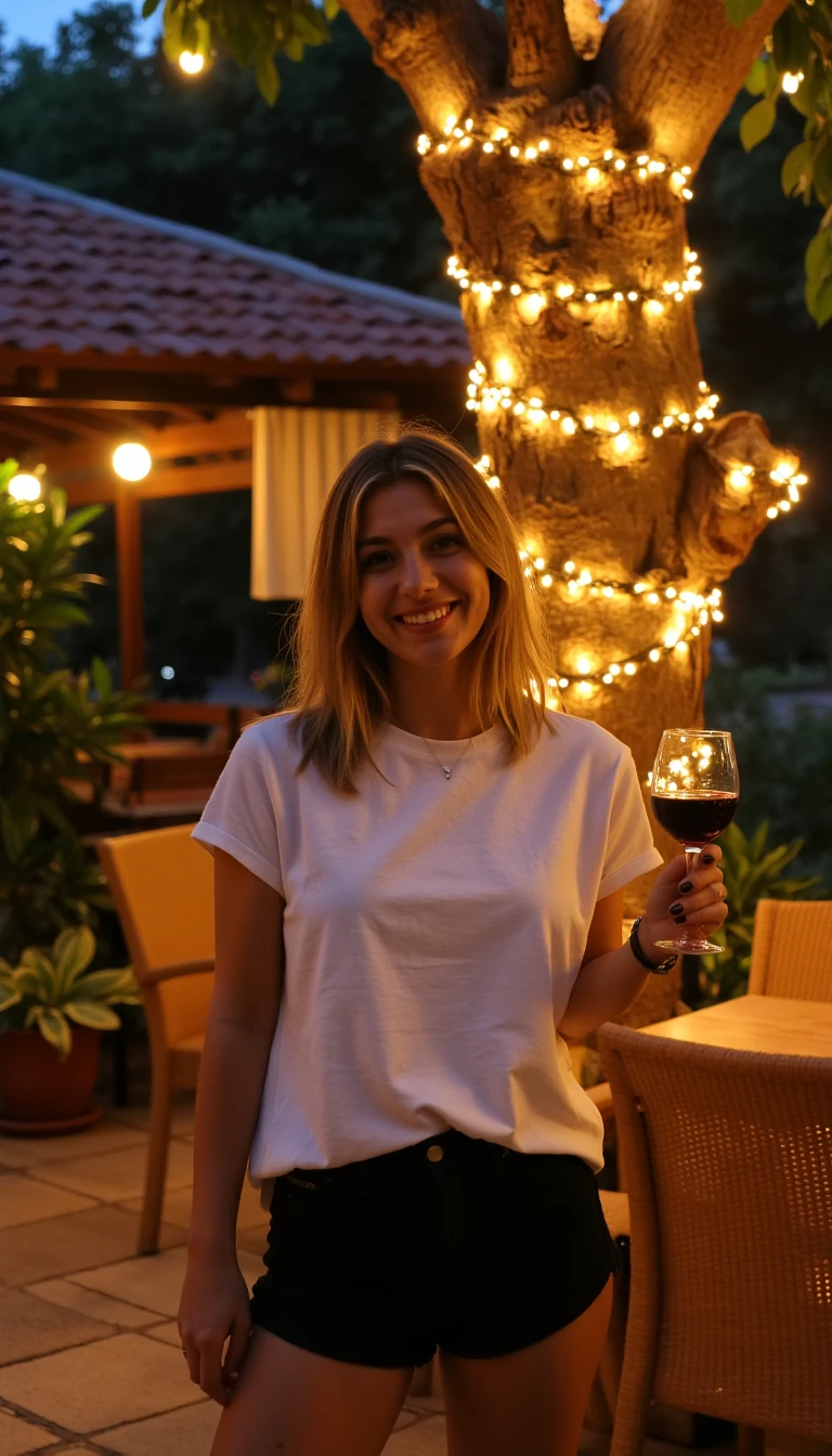 A full body shot photo of a woman CSTMDL standing outdoors at a cozy, warmly lit patio in the evening, with soft, glowing lights wrapped around a tree behind them creating a charming atmosphere. The image is rich in detail, with warm tones and clear textures throughout. She is smiling warmly at the camera, holding a glass of red wine in her right hand, and wears a slightly loose fitting white crew neck tshirt and short black shorts. The background features a large tree with sparkling string lights wrapped around its trunk and branches, adding a magical touch to the scene. The setting suggests a private outdoor seating area, with elements like terracotta-tiled roofing, greenery, and rattan chairs contributing to a serene, inviting vibe. The overall composition is balanced, with the woman framed against the softly glowing tree, and the lighting enhances the warm, intimate feel of a quiet evening shared among friends. The details are vivid, with textures of clothing, skin, and background elements clearly visible, while the warm lighting creates a relaxed and joyful mood