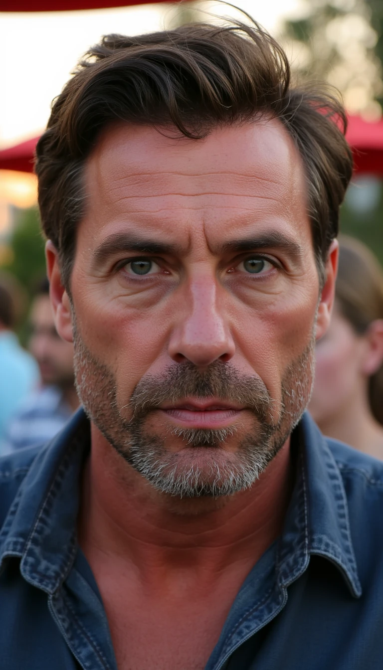 A candid photo of a middle aged man with rugged, masculine features and refined style. He has beard stubble. His frame is larger than average. He has thick, professionally styled brown hair and piercing light grey eyes that look focused and intense, not smiling. His expression is calm, confident, and thoughtful — a natural look, not posed. The setting is an outdoor gathering at sunset, with warm, golden light and a soft background blur. Emphasize his sharp eyes, strong jawline, and the golden-hour tones.