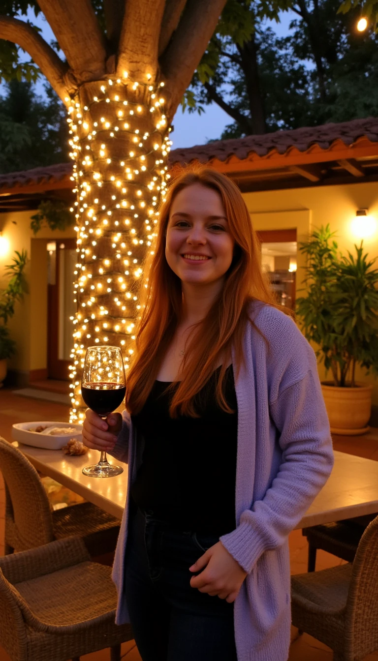 A full body shot photo of a woman standing outdoors at a cozy, warmly lit patio in the evening, with soft, glowing lights wrapped around a tree behind them creating a charming atmosphere. The image is rich in detail, with warm tones and clear textures throughout. The woman has fair skin, a slim build, and long reddish-blonde hair, also worn loose. She is smiling warmly at the camera, holding a glass of red wine in her right hand, and wears a soft-textured lavender cardigan over a black top. The background features a large tree with sparkling string lights wrapped around its trunk and branches, adding a magical touch to the scene. The setting suggests a private outdoor seating area, with elements like terracotta-tiled roofing, greenery, and rattan chairs contributing to a serene, inviting vibe. The overall composition is balanced, with the woman framed against the softly glowing tree, and the lighting enhances the warm, intimate feel of a quiet evening shared among friends. The details are vivid, with textures of clothing, skin, and background elements clearly visible, while the warm lighting creates a relaxed and joyful mood