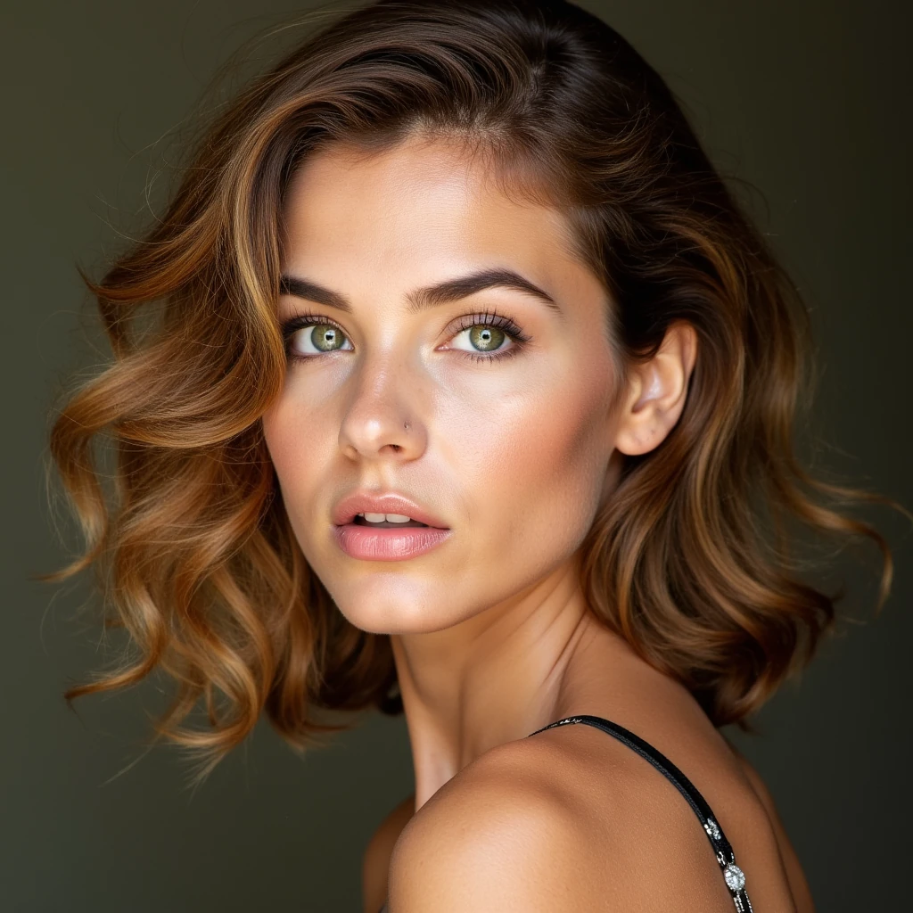 Create an image of a beautiful woman with pale skin, green eyes, high cheekbones, and full lips. Her hair is light brown, shoulder-length, and curly. The overall appearance is elegant and striking, with a natural and confident posture