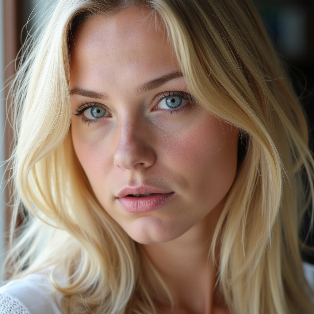 portrait of elinSundberg, 25 year old Swedish woman, blonde hair, blue eyes, close-up, natural daylight, ultra realistic, soft skin texture