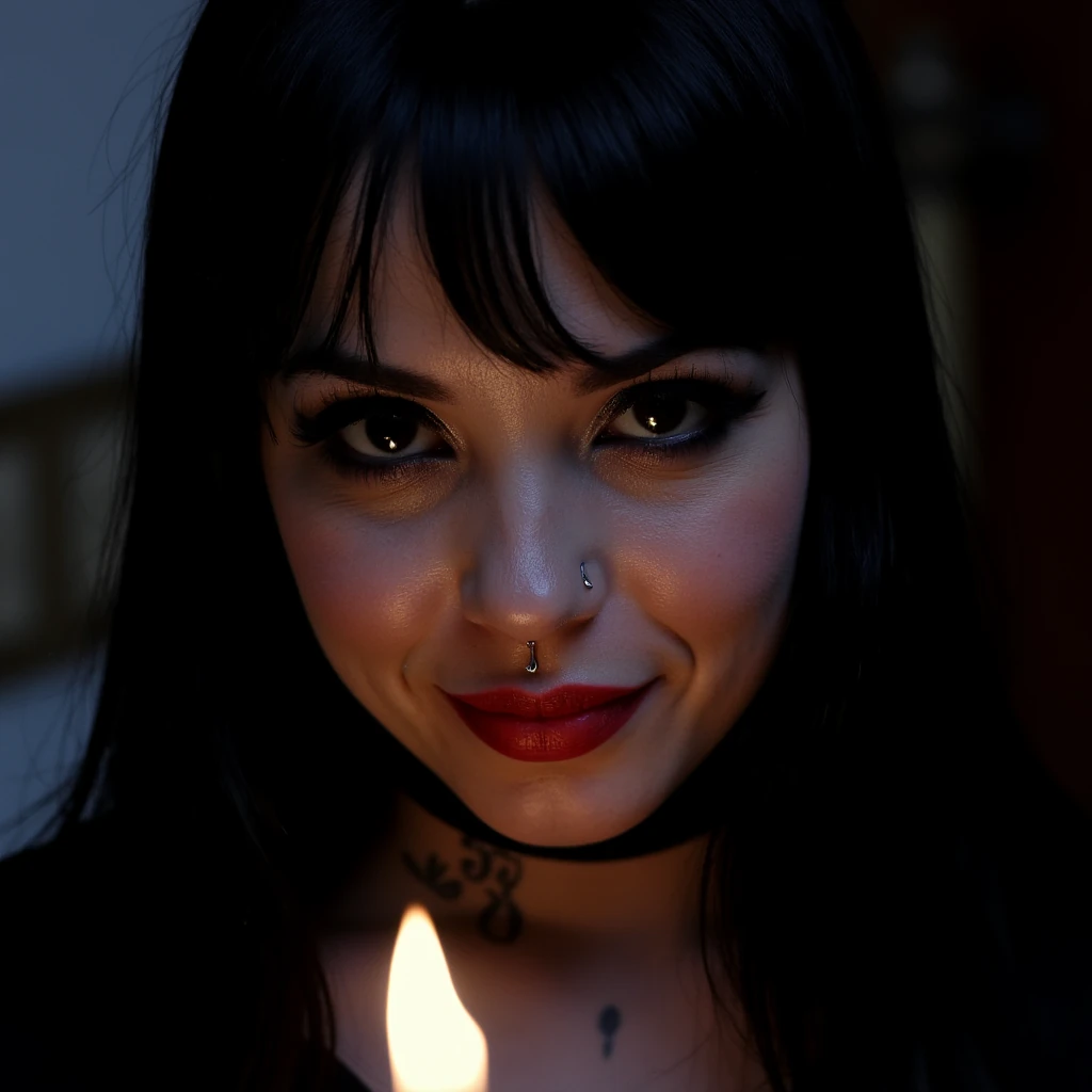 Close-up portrait of a stunning thick goth woman with pale, flawless skin and striking features. She has long jet-black hair framing her face, smoky dark eyes with winged eyeliner, and deep red lips in a soft, confident smirk. Her eyes are intense and magnetic — one glints slightly under the candlelight. Small piercings on her nose and lip add to her edgy allure. Subtle tattoo lines peek up her neck. The lighting is moody and cinematic, with a soft glow highlighting her cheekbones and lips. The background is blurred, evoking a dark, mysterious atmosphere.