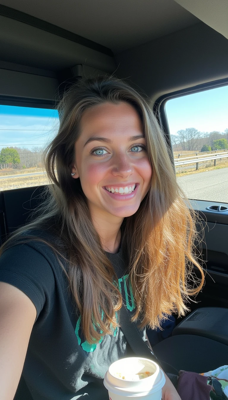 boring low quality snapchat photo circa 2015, A young woman with a warm smile, sitting in the driver's seat of a large cozy truck. She has soft, wavy brown hair cascading past her shoulders and bright blue eyes. The sunlight streams through the window, casting a gentle glow on her face. The interior of the car is neat and comfortable, with a coffee cup in the cup holder and a small plant on the dashboard. The background outside the window shows a scenic road lined with trees and blue skies