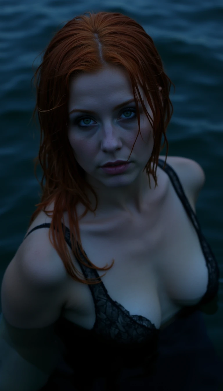 Siren Meets Midnight
	•	Soft focus shot of a siren’s face and upper body emerging from the water.
	•	Wet Red hair, smoky Green eyes, parted lips — inviting but not explicit.
	•	Blends ocean blues with deep blacks/purples for the “midnight” feel.

- Emphasize on the moonlight ocean background

-Have her chest be somewhat exposed, but nipples are hidden under the water

