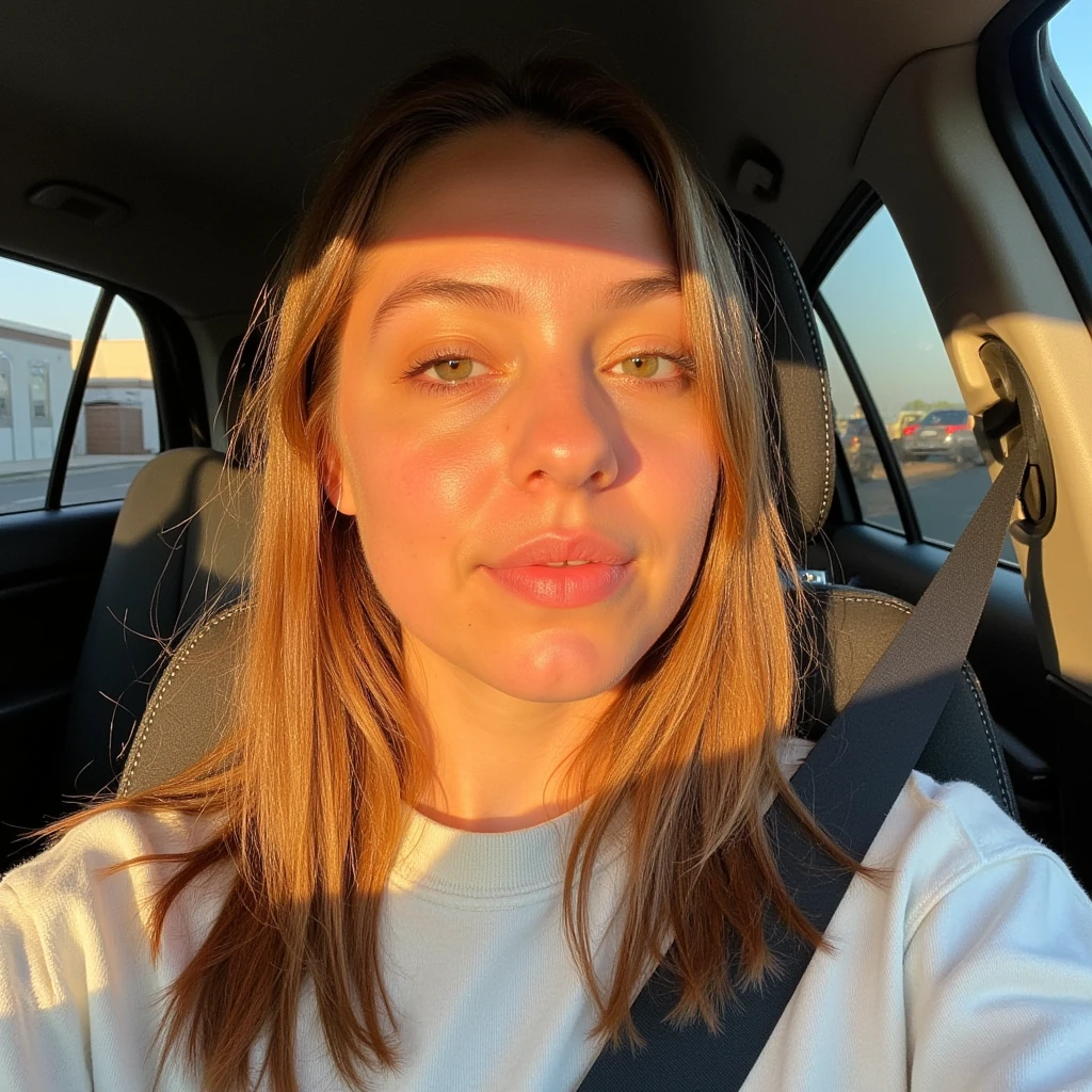 Selfie photo of cute woman with soft light brown hair in a car, The light from the setting sun gives a soft orange glow across her face and upper body, casting long shadows
