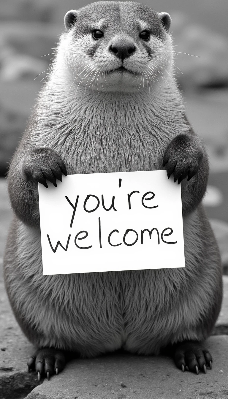 Black and white picture of otter holding a sign that says “you’re welcome”