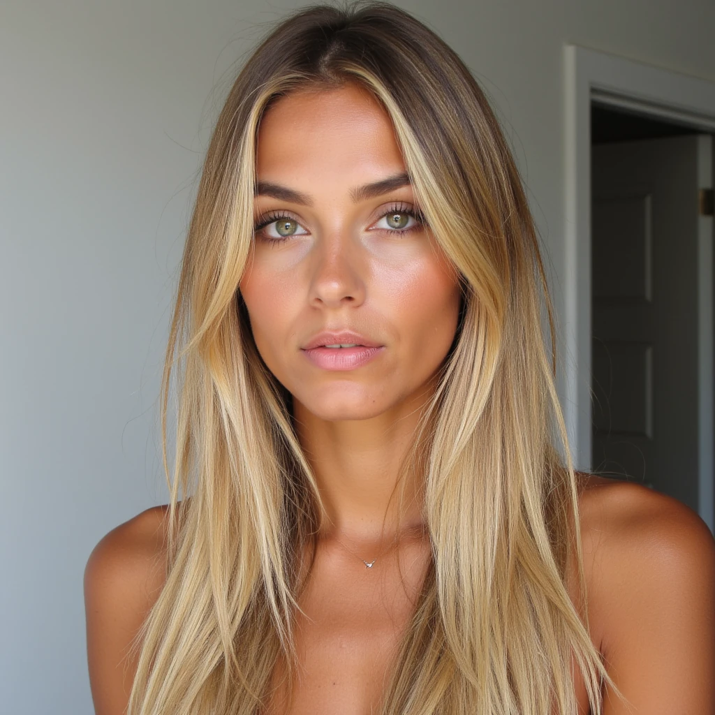 A 22 year old American woman with long, straight, blonde hair with natural highlights, beautiful facial features, tan skin, natural makeup.