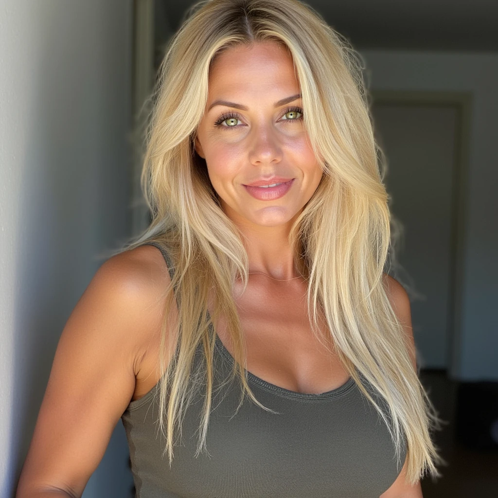 Portrait of an attractive Swedish woman with long platinum blonde hair and green eyes. She has large, DD-cup breasts in a tank top.