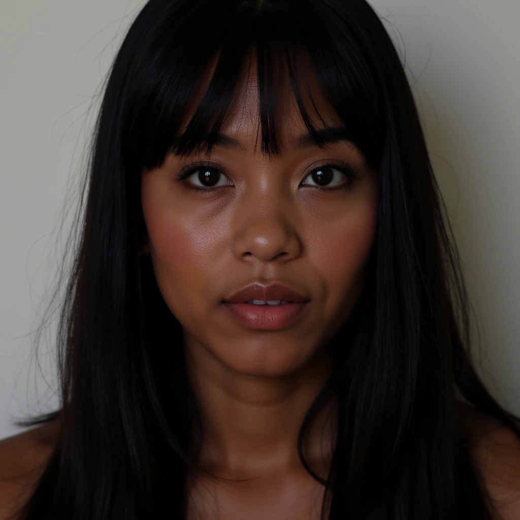 Portrait of a pretty black woman with dark skin thats 1/4 japanese with straight black hair. Well lit, looking straight at camera showing alot of her face. eyes slightly slanted up.