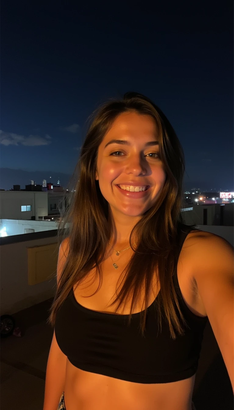 IMG_1343.HEIC, CSTMDL woman selfie on a nighttime rooftop, wearing a crop top,
low-quality Snapchat selfie
