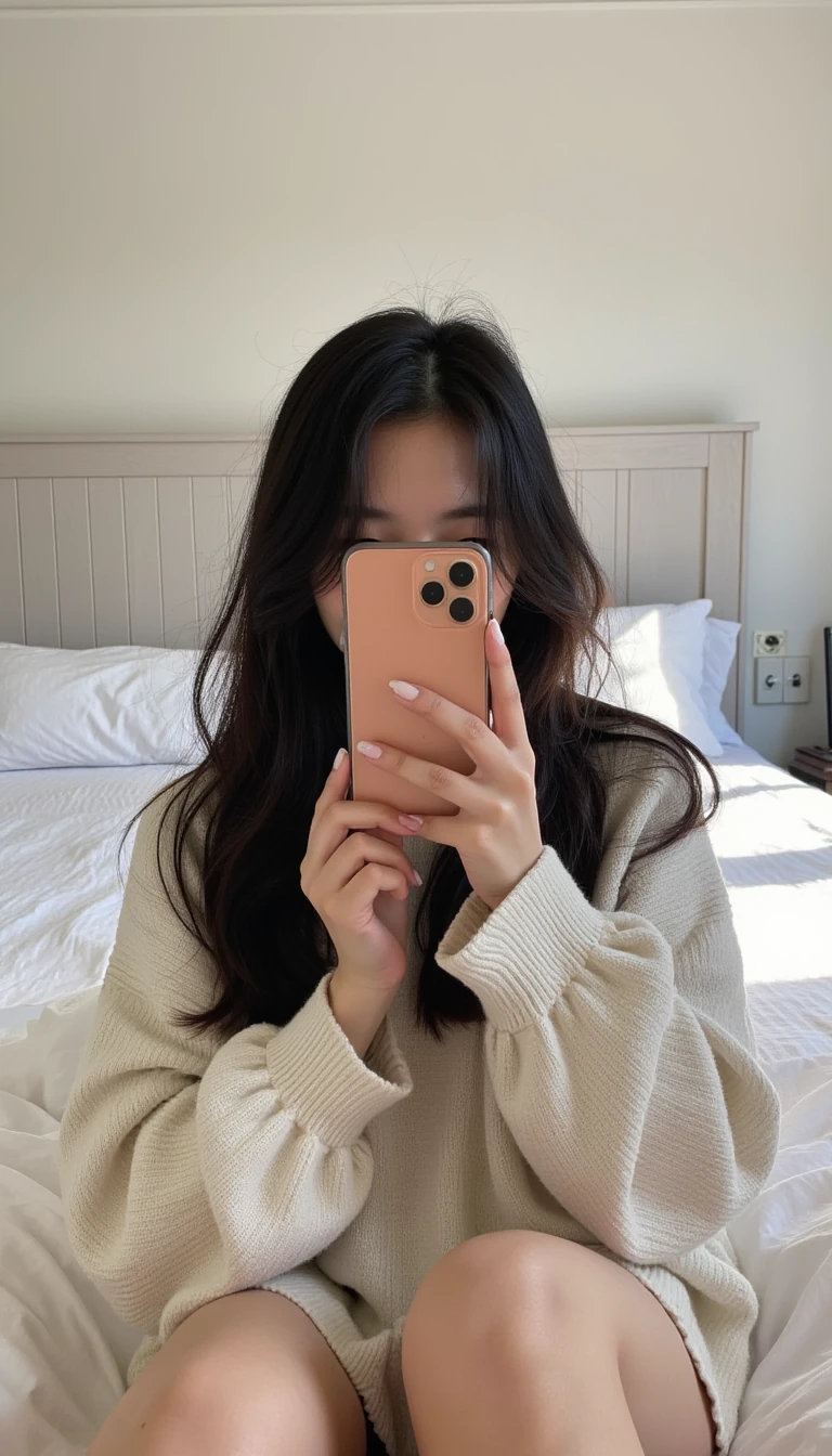 boring low quality snapchat photo of a 22 year old Asian woman covering her entire face with her iPhone, sitting on her bed in her cozy farmhouse style bedroom. She has soft, wavy black brown hair cascading past her shoulders. The sunlight streams through the window, casting a gentle glow on her face. The interior of the bedroom is white walls with a big bed and a mirror on the floor.