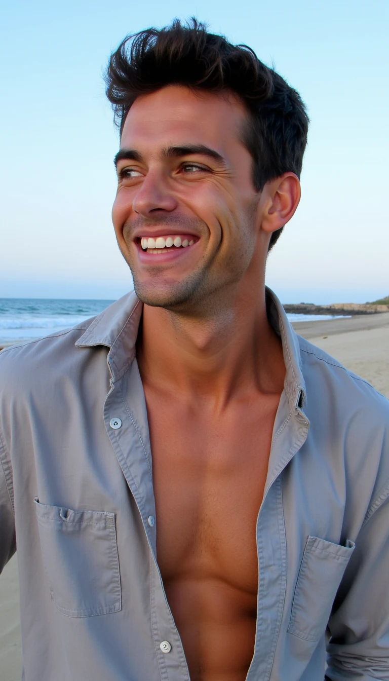 A homosexual male in his late 20’s with dark full hair and bright blue eyes.  He has a button down shirt, unbuttoned showing his athletic physic. The setting is on the beach with the ocean in the background. He is looking at something off in the distance, grinning. 