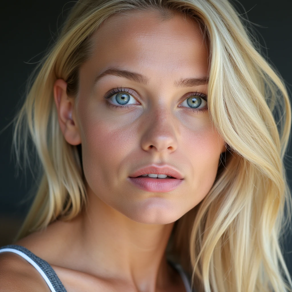 portrait of elinSundberg, 23 year old Swedish woman, blonde hair, blue eyes, close-up, looking straight into the camera, natural daylight, ultra realistic, soft skin texture, 8k, top model