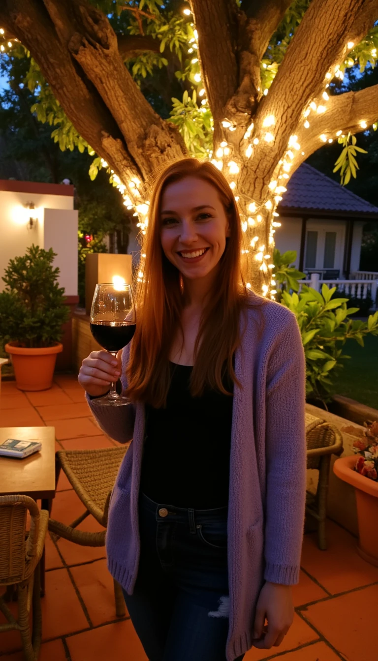 A full body shot photo of a woman standing outdoors at a cozy, warmly lit patio in the evening, with soft, glowing lights wrapped around a tree behind them creating a charming atmosphere. The image is rich in detail, with warm tones and clear textures throughout. The woman has fair skin, a slim build, and long reddish-blonde hair, also worn loose. She is smiling warmly at the camera, holding a glass of red wine in her right hand, and wears a soft-textured lavender cardigan over a black top. The background features a large tree with sparkling string lights wrapped around its trunk and branches, adding a magical touch to the scene. The setting suggests a private outdoor seating area, with elements like terracotta-tiled roofing, greenery, and rattan chairs contributing to a serene, inviting vibe. The overall composition is balanced, with the woman framed against the softly glowing tree, and the lighting enhances the warm, intimate feel of a quiet evening shared among friends. The details are vivid, with textures of clothing, skin, and background elements clearly visible, while the warm lighting creates a relaxed and joyful mood