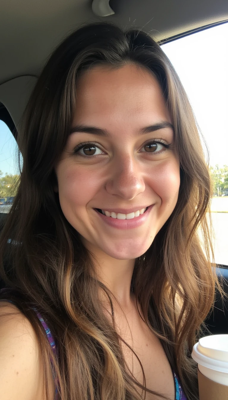 boring low quality snapchat photo circa 2015, A young woman with a warm smile, She has soft, wavy brown hair cascading past her shoulders. The sunlight streams through the window, casting a gentle glow on her face.  with a coffee cup in the cup holder and The background outside the window shows a scenic road lined with trees and blue skies

make the model appear. the mood of the photo must be in normal lighting and clear body and face harmony that look natural look not fake bit of frekles and realistic face impores etc. with a bikini. i her waist must be tiny compared to her ass. thick legs. i need bigger tits for this.
