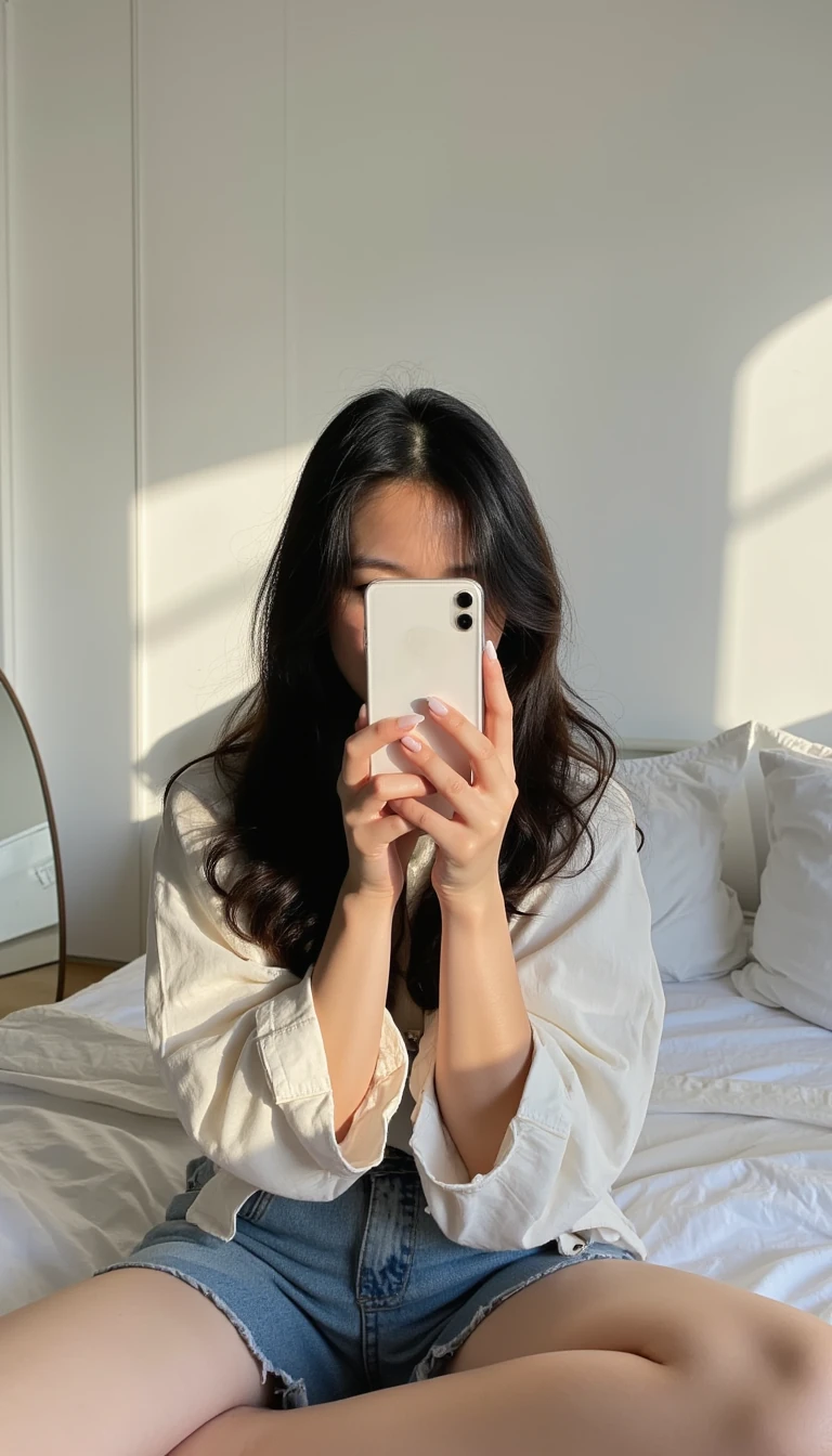 boring low quality snapchat photo of a 22 year old Asian woman covering her entire face with her iPhone, sitting on her bed in her cozy bedroom. She has soft, wavy black brown hair cascading past her shoulders. The sunlight streams through the window, casting a gentle glow on her face. The interior of the bedroom is white walls with a big bed and a mirror on the floor.