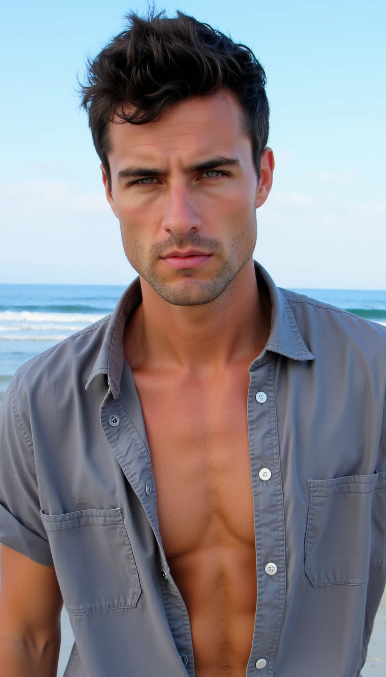 A homosexual male in his late 20’s with dark full hair and bright blue eyes.  He has a button down shirt, unbuttoned showing his athletic physic. The setting is on the beach with the ocean in the background. 