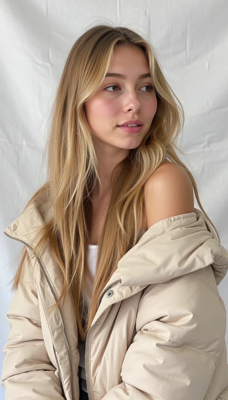 This is a photograph of a young woman with long, wavy blonde hair that cascades over her shoulders. She has fair skin and is wearing minimal makeup, emphasizing her natural beauty. Her eyes are slightly open and she has a neutral expression on her face, with slightly parted lips. She is dressed in a light beige, off-the-shoulder puffer jacket, which adds a cozy, casual vibe to the image. The background is plain and white, possibly a textured wall or fabric, which keeps the focus on the subject. The overall tone of the photograph is soft and natural, with gentle lighting that highlights her features and the texture of her hair. Looking to left