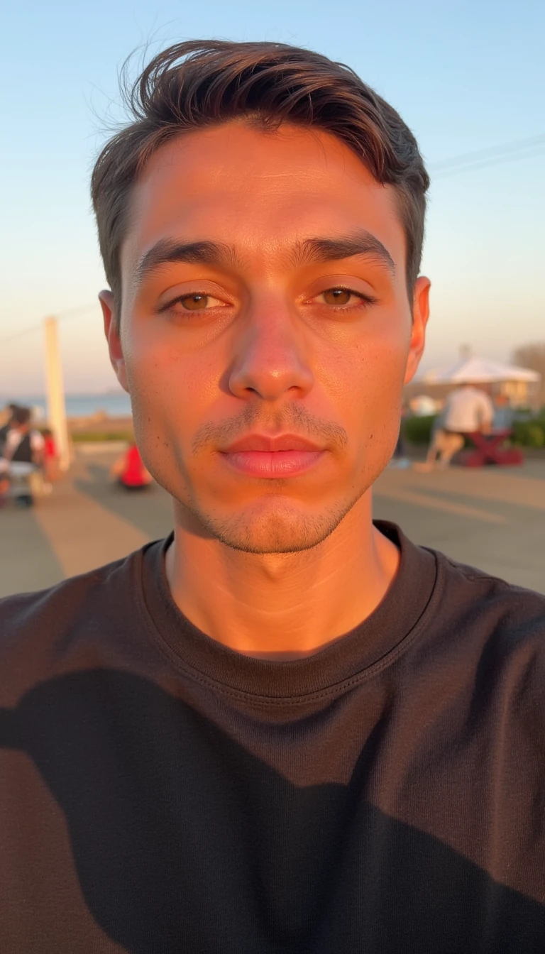 Low quality Snapchat.  The setting is an outdoor gathering at sunset, with warm, golden light and a soft background blur. Emphasize his sharp eyes, strong jawline, and the golden-hour tones.