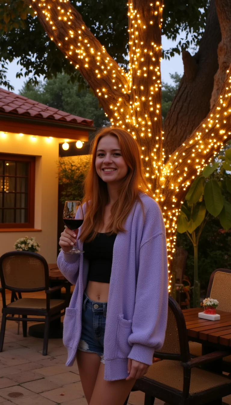 A full body shot photo of a woman standing outdoors at a cozy, warmly lit patio in the evening, with soft, glowing lights wrapped around a tree behind them creating a charming atmosphere. The image is rich in detail, with warm tones and clear textures throughout. The woman has fair skin, a slim build, and long reddish-blonde hair, also worn loose. She is smiling warmly at the camera, holding a glass of red wine in her right hand, and wears a soft-textured lavender cardigan over a black top. The background features a large tree with sparkling string lights wrapped around its trunk and branches, adding a magical touch to the scene. The setting suggests a private outdoor seating area, with elements like terracotta-tiled roofing, greenery, and rattan chairs contributing to a serene, inviting vibe. The overall composition is balanced, with the woman framed against the softly glowing tree, and the lighting enhances the warm, intimate feel of a quiet evening shared among friends. The details are vivid, with textures of clothing, skin, and background elements clearly visible, while the warm lighting creates a relaxed and joyful mood