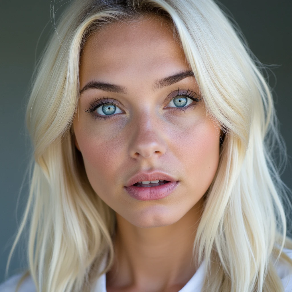 Portrait of a young woman with long blonde-white hair, expressive blue eyes