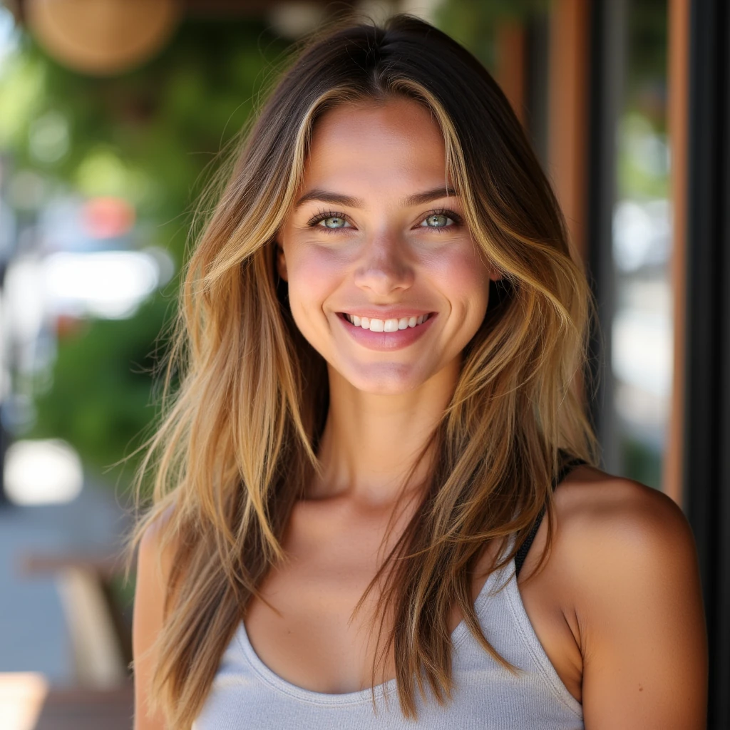 “A stunning young woman with natural beauty, a radiant smile, and sparkling eyes. Healthy and glowing appearance, sporty-slim figure with feminine elegance. Long slightly wavy light brown hair, subtle natural makeup for an authentic look. Outfit: modern, stylish, yet approachable – for example a summer dress or sporty-chic casual wear. Background: bright, friendly, lifestyle setting (café, nature, or city vibe). Mood: positive, warm, inspiring, relatable, sweet sexy. Captured like an influencer portrait, high-quality photography, natural lighting, soft depth of field.”