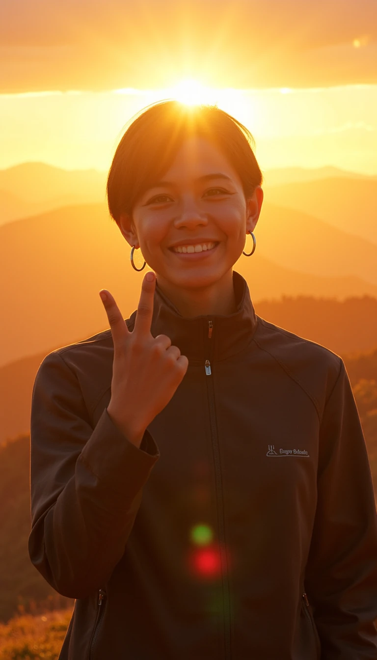 A photorealistic AI-generated person with a confident smile, looking directly at the camera. The figure is slightly raising a hand in an empowering gesture. Background: a golden sunrise over mountains, symbolizing hope and energy. Lighting is warm and cinematic, with rays of light emphasizing inspiration. Style: ultra-realistic, sharp detail, motivational poster look
