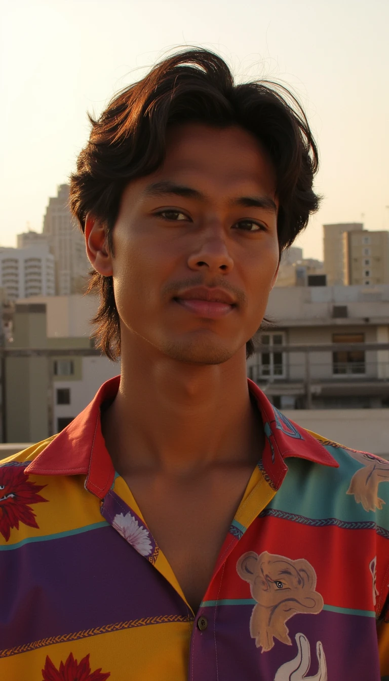 Photorealistic male model with caramel-toned skin, wavy dark hair, wearing a colorful shirt, golden-hour city rooftop background, cinematic lighting, 8K