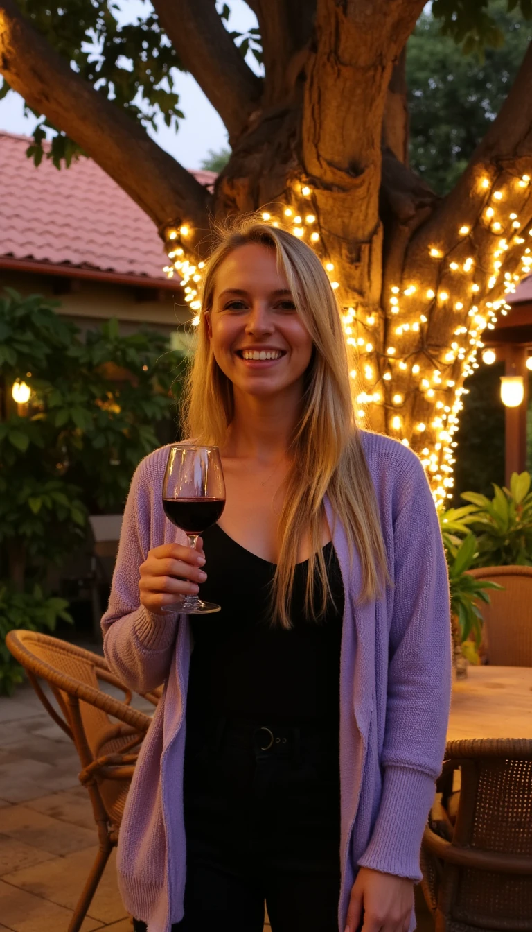 A full body shot photo of a woman standing outdoors at a cozy, warmly lit patio in the evening, with soft, glowing lights wrapped around a tree behind them creating a charming atmosphere. The image is rich in detail, with warm tones and clear textures throughout. The woman has fair skin, a slim muscular build, and long blonde hair, also worn loose. She is smiling warmly at the camera, holding a glass of red wine in her right hand, and wears a soft-textured lavender cardigan over a black top. The background features a large tree with sparkling string lights wrapped around its trunk and branches, adding a magical touch to the scene. The setting suggests a private outdoor seating area, with elements like terracotta-tiled roofing, greenery, and rattan chairs contributing to a serene, inviting vibe. The overall composition is balanced, with the woman framed against the softly glowing tree, and the lighting enhances the warm, intimate feel of a quiet evening shared among friends. The details are vivid, with textures of clothing, skin, and background elements clearly visible, while the warm lighting creates a relaxed and joyful mood