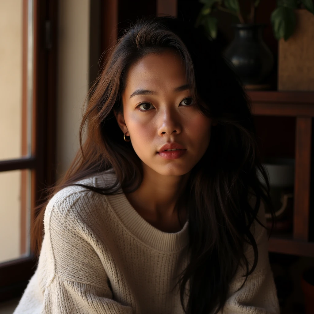 Ultra-realistic portrait of Lina Solene, 28-year-old euro-asian woman with European and Taiwanese inspired facial features, warm olive skin tone, soft oval face with subtle cheekbones, glossy lips, tiny beauty mark under left eye, brunette with long natural dark brown hair falling loosely, wearing casual oversized sweater, sitting indoors with warm ambient light, candid editorial style, 85mm lens

