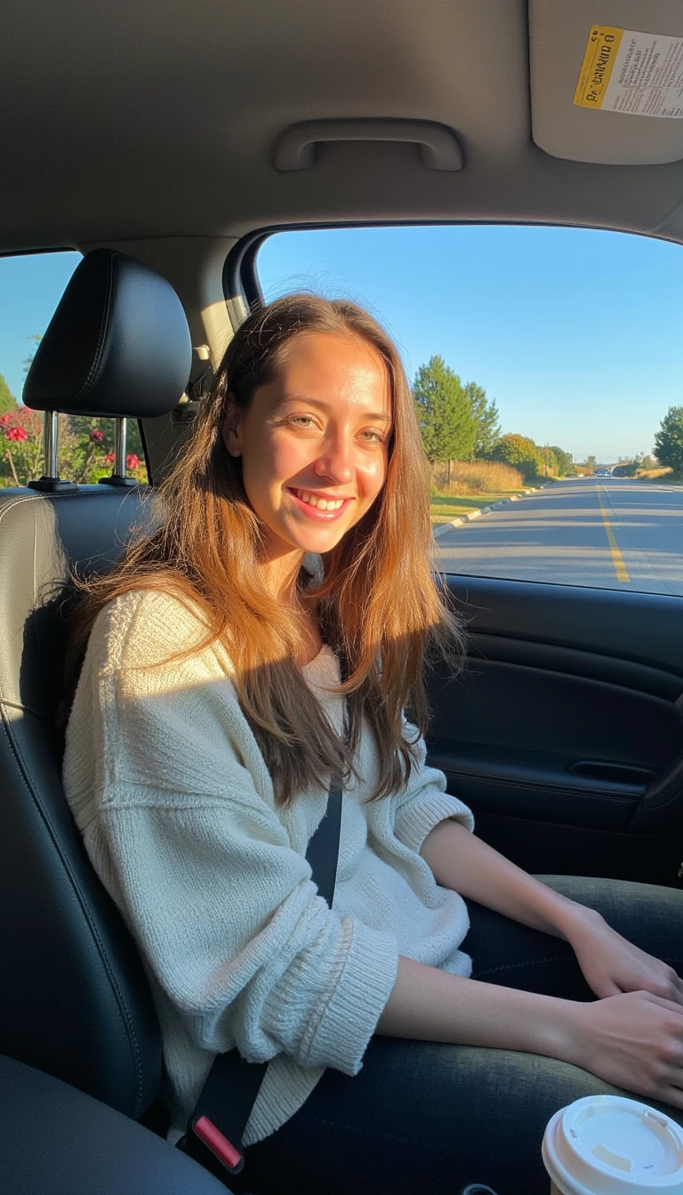 boring low quality snapchat photo circa 2015, A young woman with a warm smile, sitting in the driver's seat of a cozy car. She has soft, wavy brown hair cascading past her shoulders. The sunlight streams through the window, casting a gentle glow on her face. The interior of the car is neat and comfortable, with a coffee cup in the cup holder and a small plant on the dashboard. The background outside the window shows a scenic road lined with trees and blue skies